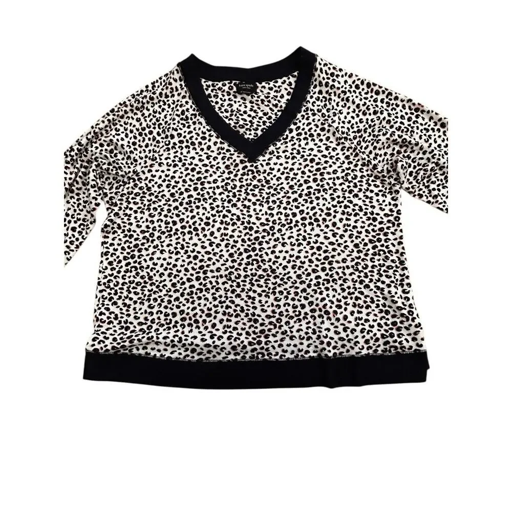 Kate Spade Womens Blue White Pink Leopard Print V-Neck Long Sleeve Pajama Set XL